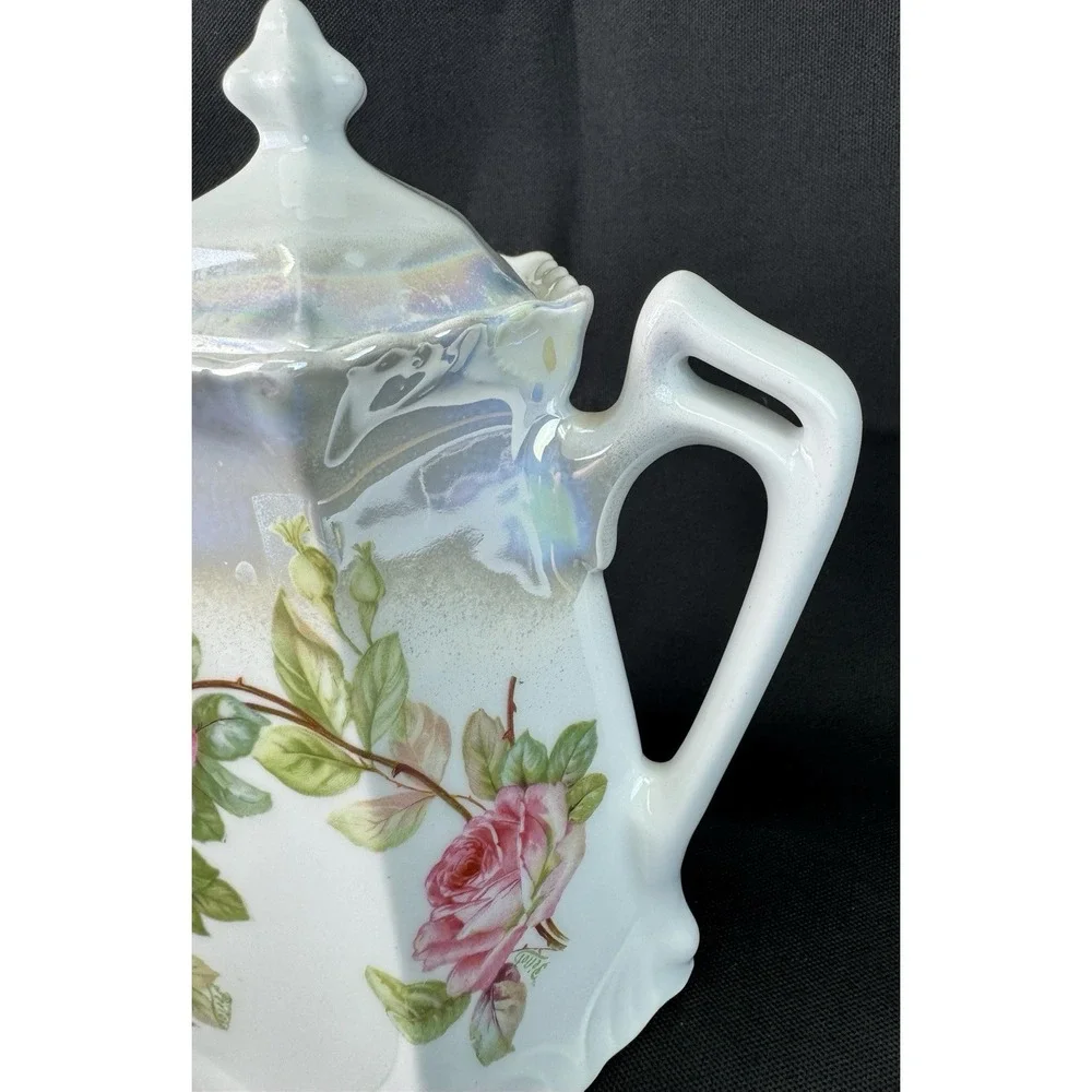 Antique German Blue Floral Glazed Porcelain Teapot Hexagonal Base 7